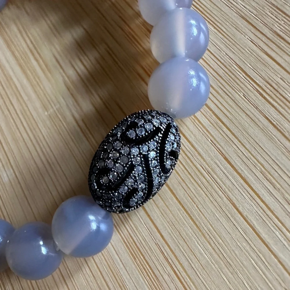 Polished 8mm Chalcedony Stretch Bracelet w/ Jet Crystal Pave Filigree Spacer